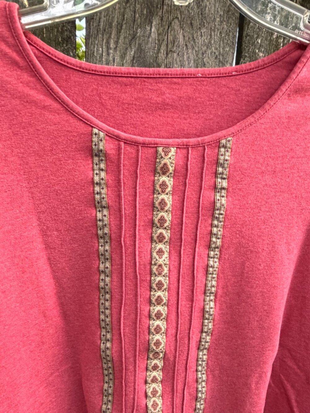 Vintage 80s Pink Rose Embroidered Ribbon 3/4 Sleeve Pull Over Top M 10 Boho Hip